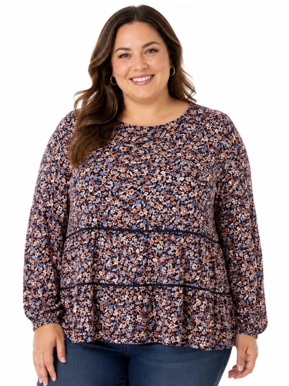 J. Jill Ditsy Floral Print Long Sleeve Smocked Back Eyelet Lace Top‎ Sz. 4X